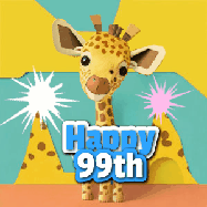 Happy Birthday Age 99 GIF, 99th Birthday GIF: Cute giraffee birthday gif depicting a paper cutout bobbing giraffe head and birthday text you can customize with sparklers.