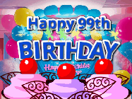 Happy Birthday Age 99 GIF, 99th Birthday GIF: Birthday animated gif with sparklers on text name you can customize. Brightly colored with a close up cake cherries.
