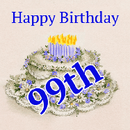 Happy Birthday Age 99 GIF, 99th Birthday GIF: A beautiful animated birthday gif with a vintage style cake drawing and animated candle flames. Customize the name and text.