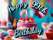 Happy Birthday Age 99 GIF, 99th Birthday GIF: Animated Happy Birthday Gif reading Happy Birthday Customize. Depicts a colorful birthday with flickering candles and glitter.