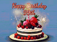 Happy Birthday Age 99 GIF, 99th Birthday GIF: Animated GIF of a birthday cake covered in berries with 2 sparklers and a candle, reads Happy Birthday Name. Customize it.