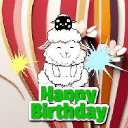 Happy Birthday Age 99 GIF, 99th Birthday GIF: A cute lamb gif with a bouncing lamb with sparklers with text flashing Happy Birthday Name that can be customized.