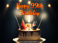 Happy Birthday Age 99 GIF, 99th Birthday GIF: Animated birthday cake gif with sparklers on a dark background. Personalize up to 3 lines of text.