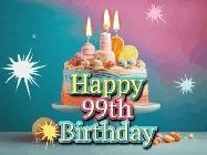 Happy Birthday Age 99 GIF, 99th Birthday GIF: A colorful animated Happy Birthday Cake GIF with swirling sparkles and flickering candles. It reads Happy Birthday Name