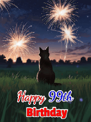 Happy Birthday Age 99 GIF, 99th Birthday GIF: An animated gif at night showing the backside of a sitting cat who watches sparkle and fireworks over a meadow. Customize name and happy birthday.