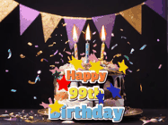 Happy Birthday Age 99 GIF, 99th Birthday GIF: Happy birthday cake animated gif with flickering candles, animated text, and falling confetti. Customize text reading Happy Birthday Customize.