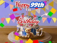Happy Birthday Age 99 GIF, 99th Birthday GIF: Happy Birthday Cake GIF with a cat, lamb, and squirrel on the cake with flickering candles, a sparkler, and falling confetti. Reads Happy Birthday Name and you can customize the name