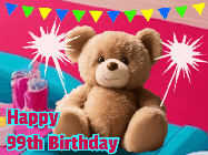 Happy Birthday Age 99 GIF, 99th Birthday GIF: A cute birthday teddy bear animated birthday gif with the bear holding sparklers and text to customize.