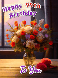 Happy Birthday Age 99 GIF, 99th Birthday GIF: A vase of flowers and animated hearts pop in and out as the words Happy Birthday Name appears that you can customize