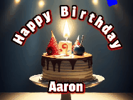 Happy Birthday Aaron GIF: Animated happy birthday gif with a cake and flickering candles with colorful falling confetti and text reading Happy Birthday