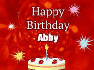 Happy Birthday Abby GIF: A bright red happy birthday gif animated with a cake candle, and glitter and sparkles. Customize with name.