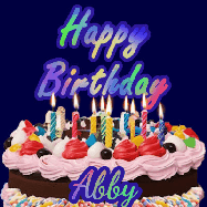 Happy Birthday Abby GIF: A dark blue birthday gif with a beautiful cake with flickering candles, background sparkles and a name to customize.