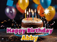 Happy Birthday Abby GIF: A birthday cake with flickering candles gif with text reading Happy Birthday and a Name slot to customize
