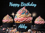 Happy Birthday Abby GIF: A delicious cupcake gif with animated sparkles reading Happy Birthday with a name to customize