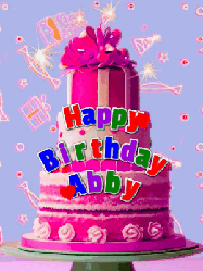 Happy Birthday Abby GIF: A big beautiful birthday cake gif with falling confetti, sparklers, and balloons, reads Happy Birthday Name. Customize it.