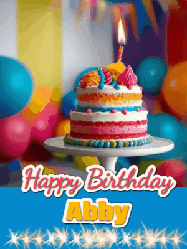 Happy Birthday Abby GIF: A birthday card gif with a cake and candle and a blue ribbon with animated sparklers. Reads Happy Birthday Name