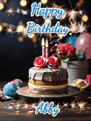Happy Birthday Abby GIF: Sparkles and glitter happy birthday gif with a cake and flickering candles and sparklers behind the words happy birthday customize