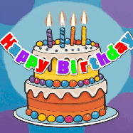 Happy Birthday Abigail GIF: Festive birthday cake GIF with name, stars, hearts, and confetti streaking past and flickering candles.
