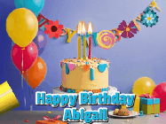 Happy Birthday Abigail GIF: Happy birthday cake animated gif with flickering candles, balloons, confetti, and text to customize.