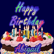 Happy Birthday Abigail GIF: A dark blue birthday gif with a beautiful cake with flickering candles, background sparkles and a name to customize.