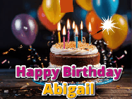 Happy Birthday Abigail GIF: A birthday cake with flickering candles gif with text reading Happy Birthday and a Name slot to customize
