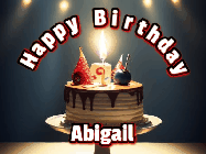 Happy Birthday Abigail GIF: Animated happy birthday gif with a cake and flickering candles with colorful falling confetti and text reading Happy Birthday