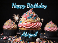Happy Birthday Abigail GIF: A delicious cupcake gif with animated sparkles reading Happy Birthday with a name to customize