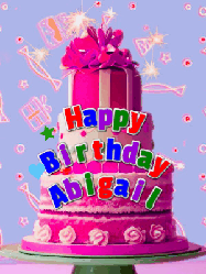 Happy Birthday Abigail GIF: A big beautiful birthday cake gif with falling confetti, sparklers, and balloons, reads Happy Birthday Name. Customize it.