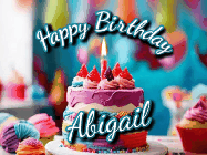 Happy Birthday Abigail GIF: Animated Happy Birthday Gif reading Happy Birthday Customize. Depicts a colorful birthday with flickering candles and glitter.