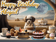 Happy Birthday Abigail GIF: Animated birthday gif with a dog at a fancy birthday table loaded with cakes as hearts appear. It reads Happy Birthday Customize.