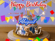 Happy Birthday Abigail GIF: Happy Birthday Cake GIF with a cat, lamb, and squirrel on the cake with flickering candles, a sparkler, and falling confetti. Reads Happy Birthday Name and you can customize the name