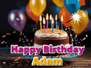 Happy Birthday Adam GIF: A birthday cake with flickering candles gif with text reading Happy Birthday and a Name slot to customize