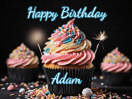 Happy Birthday Adam GIF: A delicious cupcake gif with animated sparkles reading Happy Birthday with a name to customize
