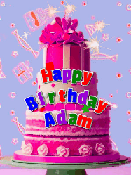 Happy Birthday Adam GIF: A big beautiful birthday cake gif with falling confetti, sparklers, and balloons, reads Happy Birthday Name. Customize it.