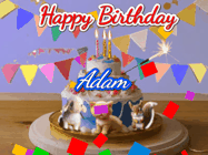 Happy Birthday Adam GIF: Happy Birthday Cake GIF with a cat, lamb, and squirrel on the cake with flickering candles, a sparkler, and falling confetti. Reads Happy Birthday Name and you can customize the name