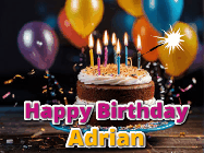 Happy Birthday Adrian GIF: A birthday cake with flickering candles gif with text reading Happy Birthday and a Name slot to customize