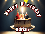 Happy Birthday Adrian GIF: Animated happy birthday gif with a cake and flickering candles with colorful falling confetti and text reading Happy Birthday