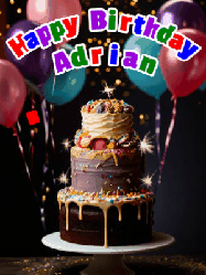 Happy Birthday Adrian GIF: Beautiful birthday cake animated gif, a celebration of balloons, confetti, and sparklers. Customize banner and name.
