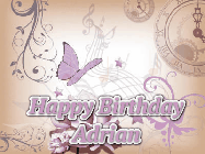 Happy Birthday Adrian GIF: Classical birthday gif background with colorful musical notes floating past and a name you can customize, reads Happy Birthday.