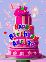 Happy Birthday Adrian GIF: A big beautiful birthday cake gif with falling confetti, sparklers, and balloons, reads Happy Birthday Name. Customize it.