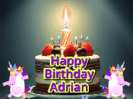 Happy Birthday Adrian GIF: An animated gif with 2 unicorns and a birthday candle on a cake.
