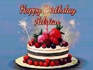 Happy Birthday Adrian GIF: Animated GIF of a birthday cake covered in berries with 2 sparklers and a candle, reads Happy Birthday Name. Customize it.