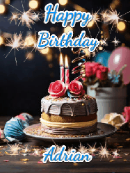 Happy Birthday Adrian GIF: Sparkles and glitter happy birthday gif with a cake and flickering candles and sparklers behind the words happy birthday customize