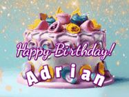 Happy Birthday Adrian GIF: A beautiful birthday cake gif with animated sparkles and glitter Happy Birthday Name you can customize