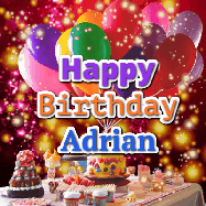Happy Birthday Adrian GIF: Animated happy birthday gif on a bright red glittery background and 3 lines of text reading Happy Birthday Customize
