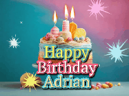 Happy Birthday Adrian GIF: A colorful animated Happy Birthday Cake GIF with swirling sparkles and flickering candles. It reads Happy Birthday Name