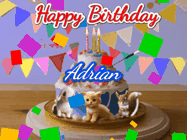 Happy Birthday Adrian GIF: Happy Birthday Cake GIF with a cat, lamb, and squirrel on the cake with flickering candles, a sparkler, and falling confetti. Reads Happy Birthday Name and you can customize the name