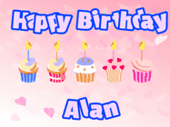 Happy Birthday Alan GIF: Pink animated birthday gif with 5 cupcakes and candles and animated text you can customize with name.