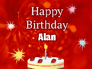 Happy Birthday Alan GIF: A bright red happy birthday gif animated with a cake candle, and glitter and sparkles. Customize with name.