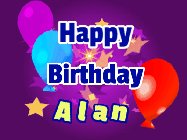 Happy Birthday Alan GIF: A lovely purple birthday gif animated with moving text, a balloon, and bubbles. Customize it.